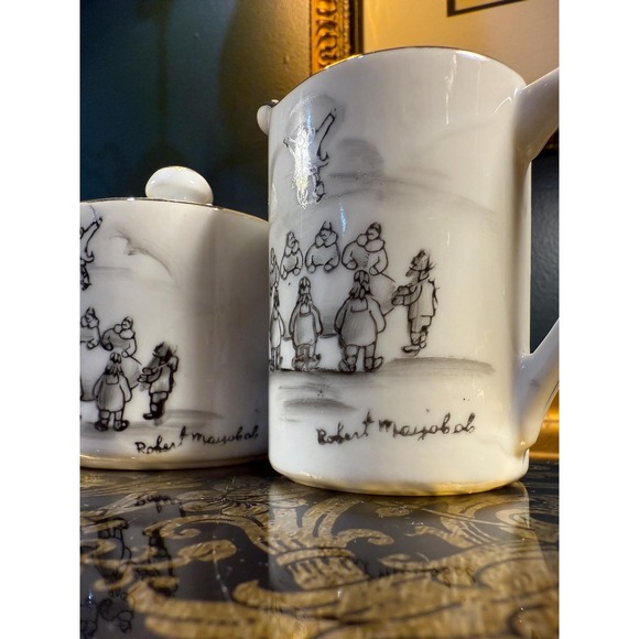 Vintage Robert Mayokok Cream and Sugar Set: Inuit Art Porcelain, Made in Japan - Picture 10 of 11